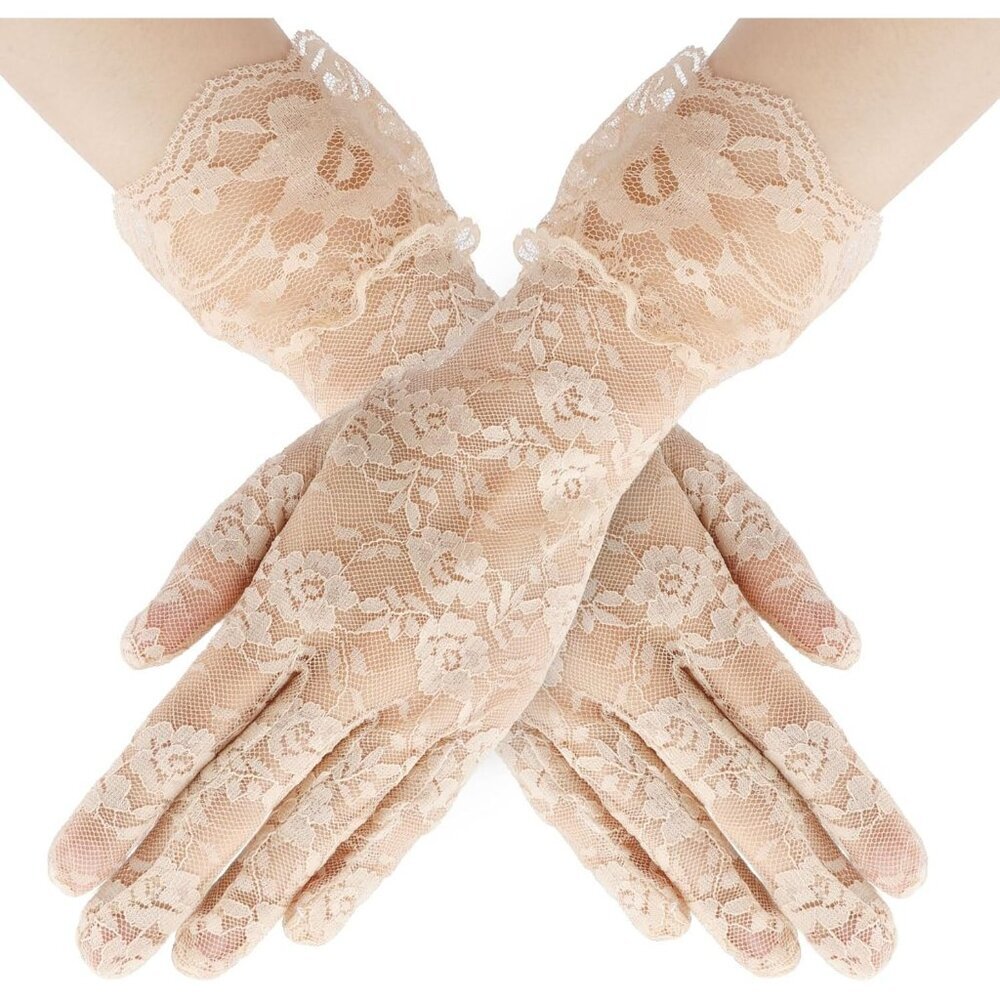 Women's Evening Beige Flower Pattern Lace Gloves Design Wedding Party Prom